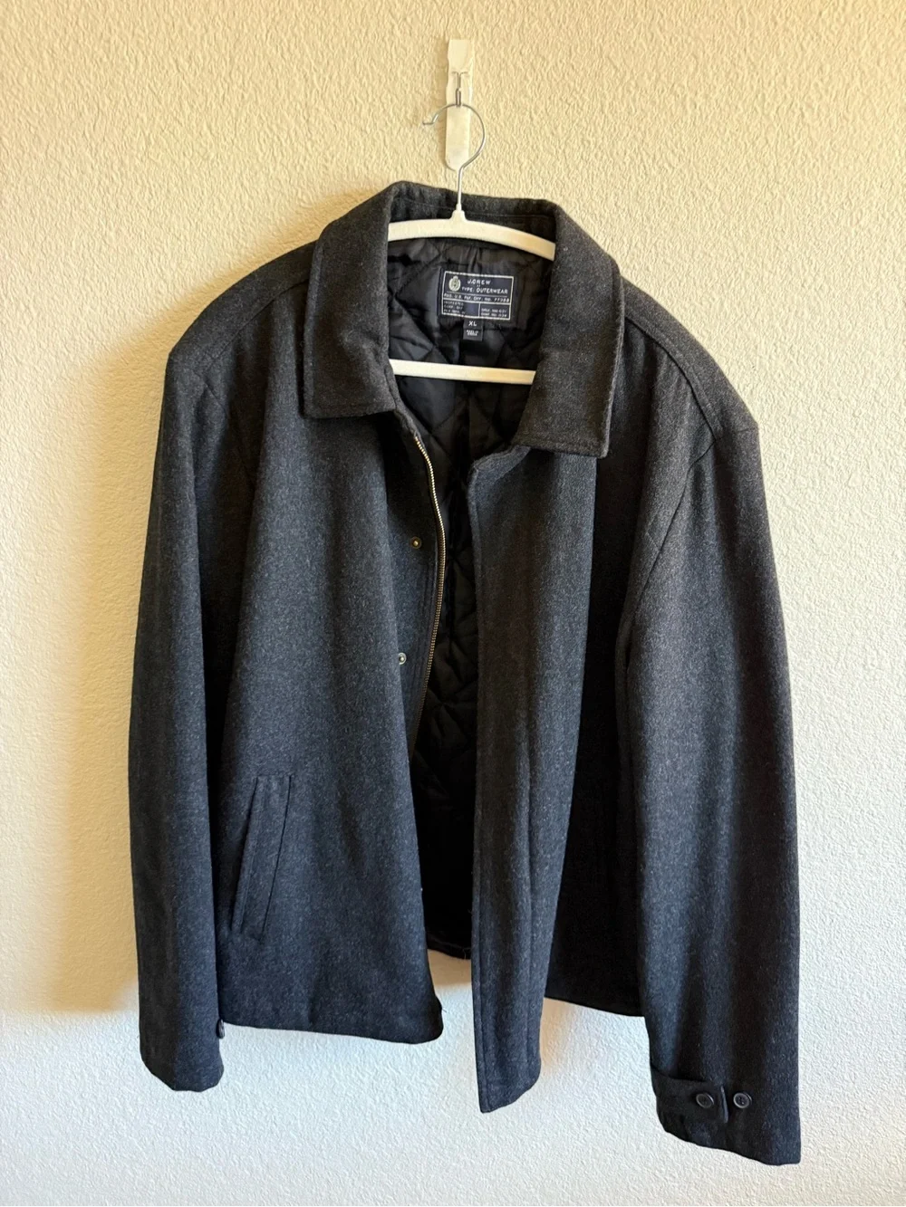 J Crew Men's Charcoal Gray Wool-Blend Coat Jacket Heavyweight Quilted Size XL